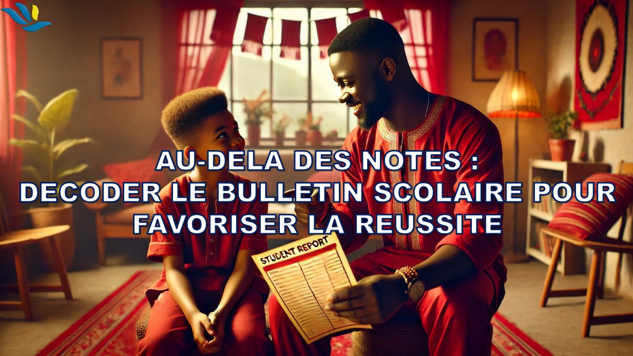 Un père discutant avec son fils du bulletin de fin de trimestre de ce dernier.